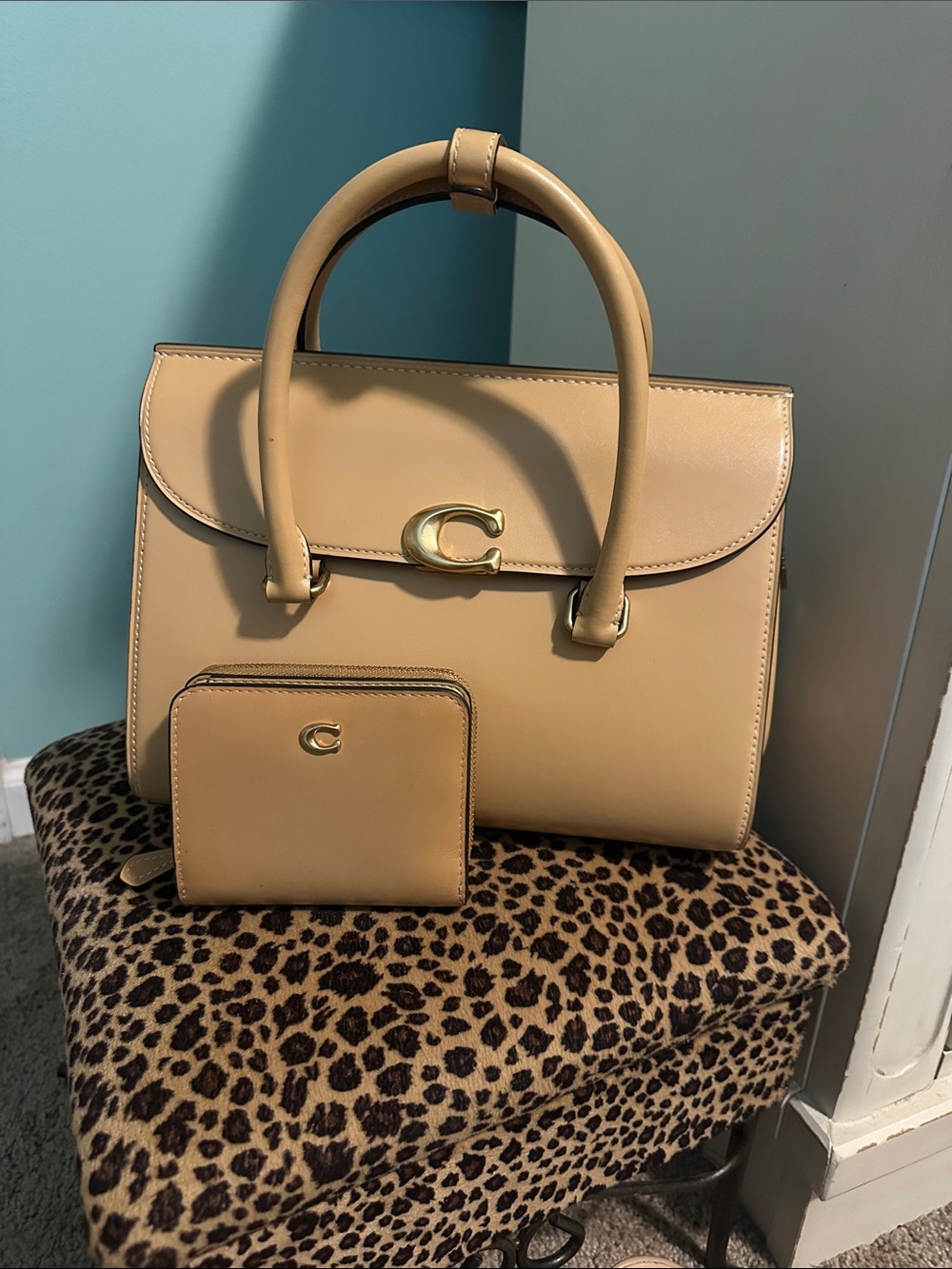 Coach Cream/Tan Leather Top-Handle Satchel with Matching Wallet